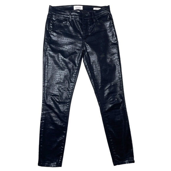 Frame Le High Crop Skinny Coated Croc-Embossed Jeans, Black, Size 26 - Picture 1 of 9